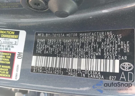 2016 Toyota Corolla S Plus z USA, uszkodzony, nr VIN 2T1BURHE3GC492248